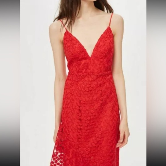 TOPSHOP Lace Plunge Asymmetrical Hem Midi Dress in Red Size US 10 - Picture 15 of 15